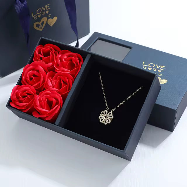 Four Leaf Clover Necklace - With Six Roses Gift Box