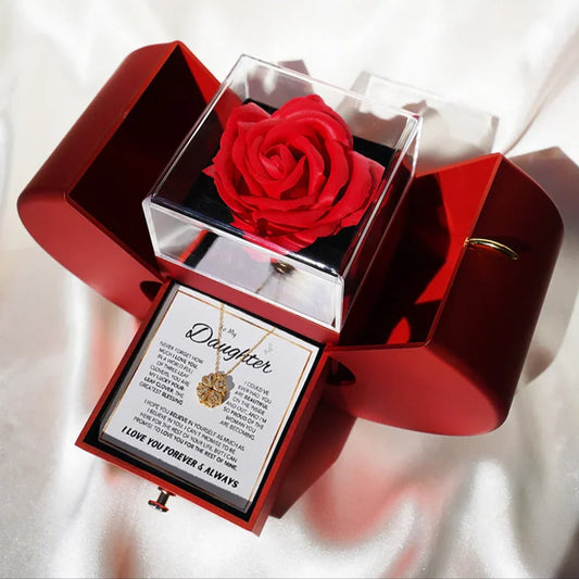 New to My Daughter Four Leaf Clover Necklace Withapple Jewelry Box Eternal Rose Flower to Daughter Birthday Party Christmas Gift