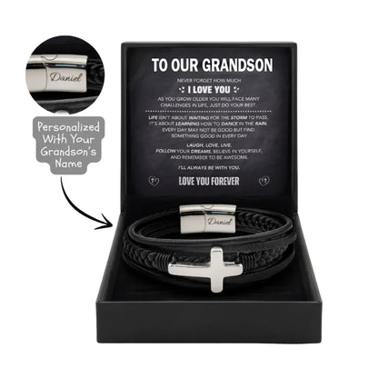 To My Grandson Custom Name Braided Leather Bracelet Vintage Charm Wristband Rope Bracelet Forever Linked for Christmas Gifts