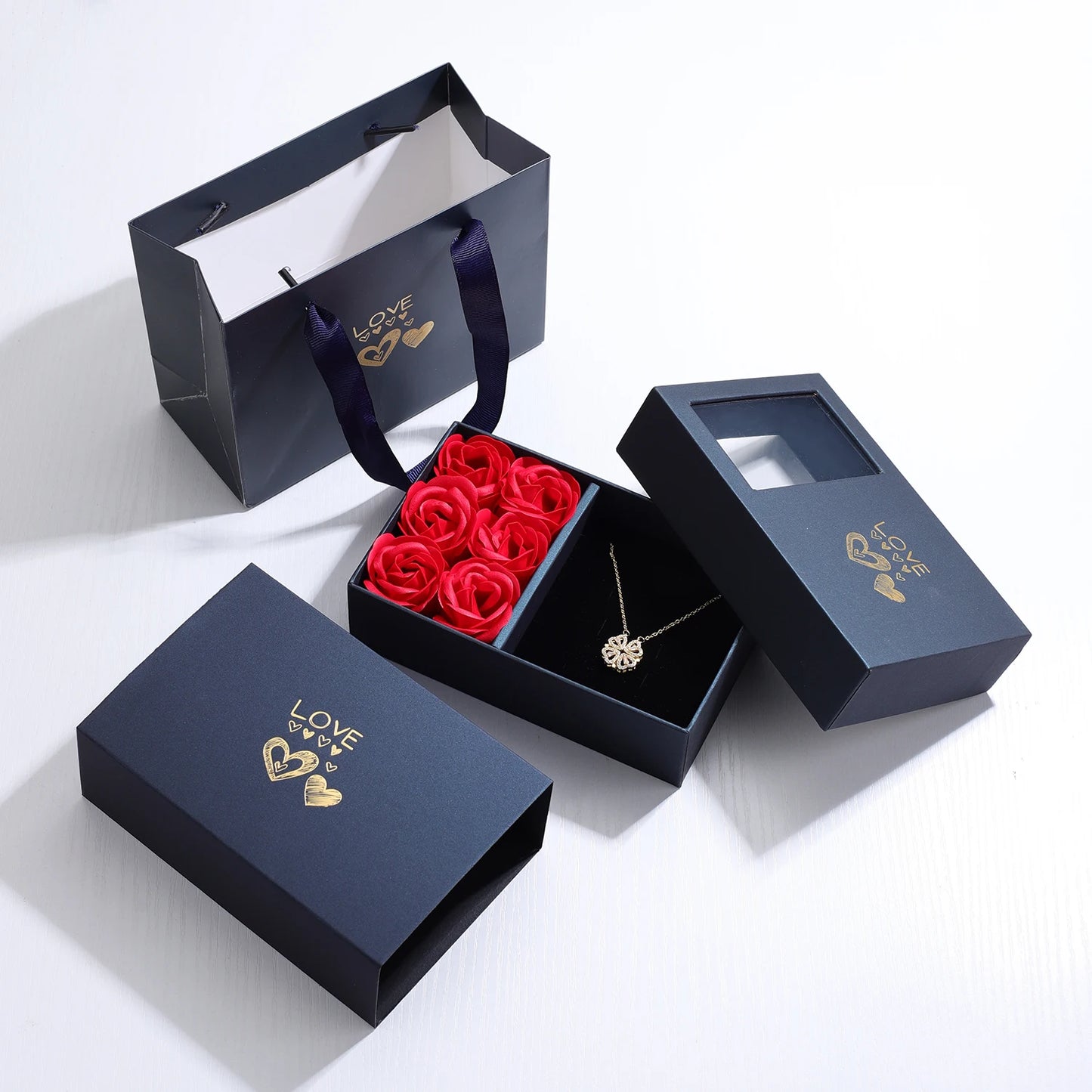 Four Leaf Clover Necklace - With Six Roses Gift Box